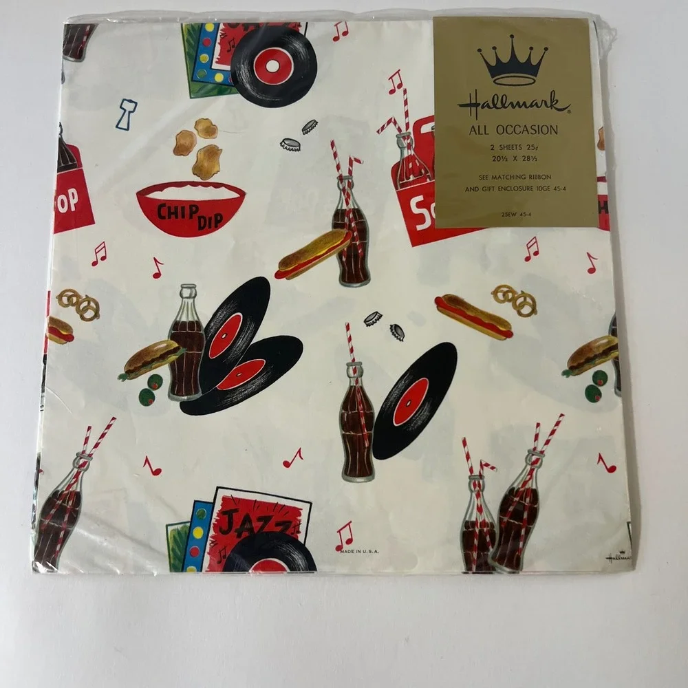 Vintage Hallmark Gift Wrap 2 Sheets Soda Shop Diner Records 50s Style 20x28 NEW